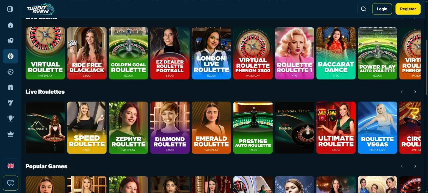 TurboSvens live casino med roulette- och blackjackbord med riktiga dealers