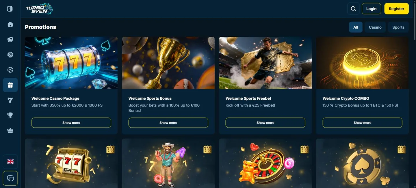 TurboSvens kampanjsida med välkomstpaketet samt sport- och kryptoerbjudanden