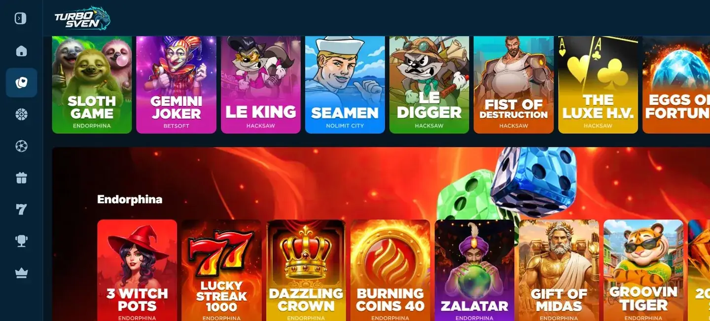 TurboSvens slotslobby med äkta spelgrafik och studionamn