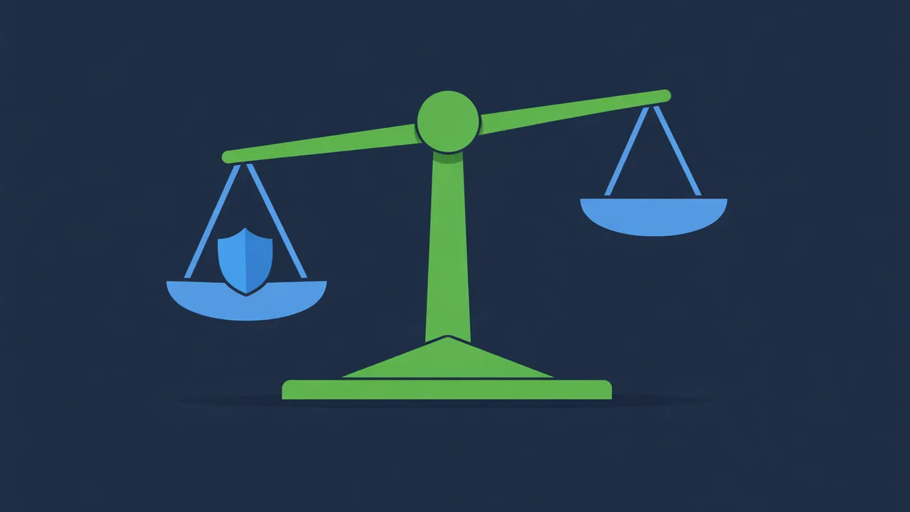 Une balance faite de formes géométriques, un plateau portant un petit bouclier bleu, l'autre vide et relevé