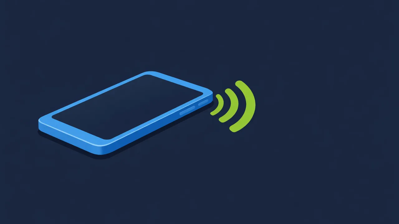 Un smartphone bleu posé à plat, avec des ondes vertes qui s'en échappent sur le côté