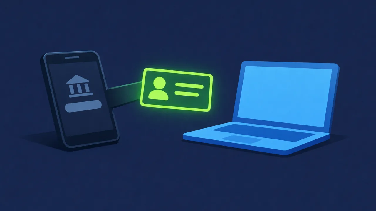 Illustratie van een telefoon die via de bank een identiteitskaart doorgeeft aan een laptop