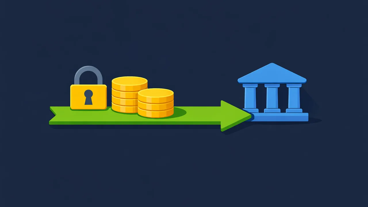Coins moving along a one-way green arrow towards a bank, with a padlock behind them