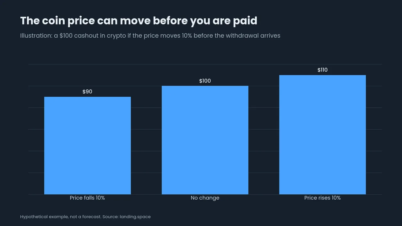 Bar chart: a $100 crypto cashout is worth $90 if the price falls 10% and $110 if it rises 10%