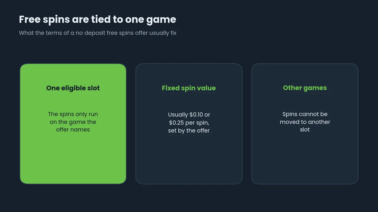 Diagram: free spins run on one eligible slot at a fixed spin value and cannot be moved to other games