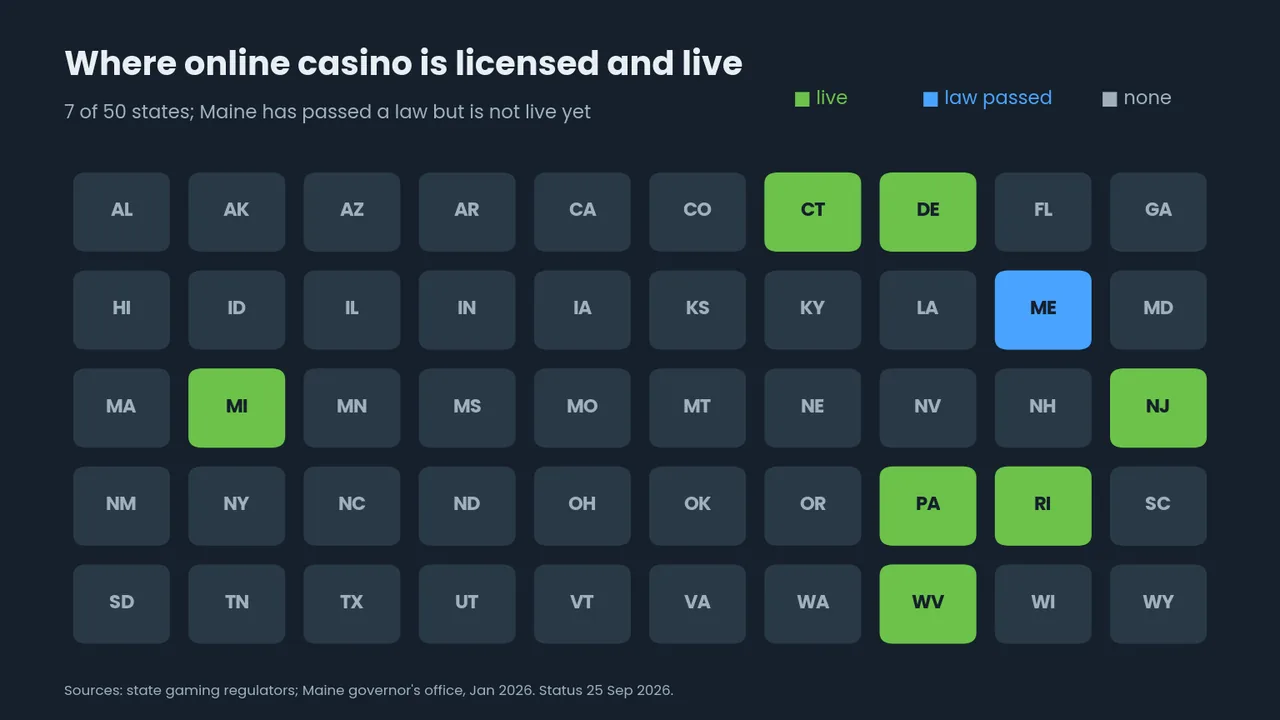 Grid of all 50 states: CT, DE, MI, NJ, PA, RI and WV licensed and live, Maine law passed